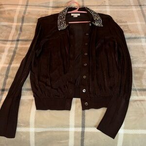 H&M Brown Cardigan with Embellished Collar